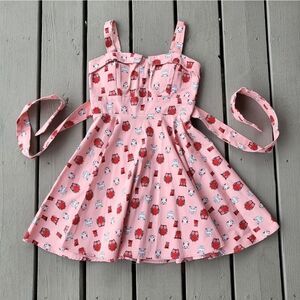 IXIA Pink‎ Red Owl Print Sweetheart Neck Tie Waist Fit & Flare Pin Up Dre…